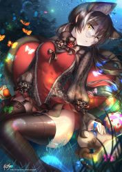 Rule 34 | 1girl, absurdres, animal, animal ears, ball, bird, breasts, brown hair, brown thighhighs, bug, butterfly, cat, cat ears, cat girl, cat tail, closed mouth, dutch angle, fingernails, forest, fur trim, garter straps, glasses, grass, hair ornament, hair tie, highres, insect, kyjsogom, looking at viewer, low twintails, medium breasts, miniskirt, nature, night, night sky, original, outdoors, red shirt, shirt, sitting, skirt, skirt set, sky, solo, sparkle, star (sky), starry sky, tail, thighhighs, tree, twintails, watermark, web address, yellow eyes, yokozuwari