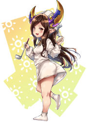 Rule 34 | 1girl, :d, arulumaya, black hair, breasts, brown hair, commentary request, dress, egg, full body, granblue fantasy, harvin, hat, highres, ladle, long hair, looking at viewer, looking back, mole, mole under eye, mushi024, open mouth, pointy ears, shirt, small breasts, smile, smock, socks, solo, standing, standing on one leg, white dress, white socks