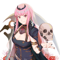 Rule 34 | 1girl, artist name, black dress, black nails, breasts, cape, cleavage, collar, dress, fikkyun, flower, highres, hololive, hololive english, large breasts, long hair, looking at viewer, medium breasts, mori calliope, nail polish, pink hair, red eyes, scythe, skull, smile, solo, spider lily, spiked collar, spikes, tiara, veil, virtual youtuber, white background
