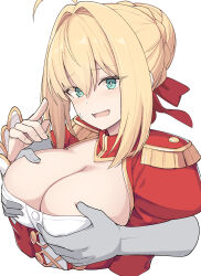 Rule 34 | 1girl, ahoge, blonde hair, blush, braid, breasts, cleavage, cleavage cutout, clothing cutout, disembodied limb, dress, epaulettes, fate/extra, fate (series), french braid, grabbing, grabbing another&#039;s breast, green eyes, hair bun, hair intakes, hair ribbon, juliet sleeves, large breasts, long hair, long sleeves, looking at viewer, nero claudius (fate), nero claudius (fate) (all), nero claudius (fate/extra), open mouth, puffy sleeves, red dress, red ribbon, ribbon, shiseki hirame, smile, solo focus