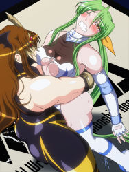 Rule 34 | 2girls, boots, breasts, cleavage cutout, clenched teeth, clothing cutout, dark star chaos, elbow gloves, fingerless gloves, gloves, green hair, grin, hair ribbon, hug, large breasts, leotard, long hair, mask, multiple girls, noppo-san, one eye closed, open mouth, pain, ponytail, ribbon, ryona, sakurai chisato, saliva, smile, tears, teeth, thigh boots, thighhighs, very long hair, wrestle angels, wrestle angels survivor, wrestle angels survivor 2, wrestling, wrestling outfit, yellow eyes