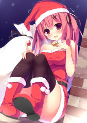Rule 34 | 1girl, black thighhighs, blush, boots, breasts, cold, hair ornament, hat, highres, long hair, looking at viewer, megarisu, open mouth, original, pink hair, red eyes, sack, santa costume, santa hat, sitting, solo, thighhighs, trembling