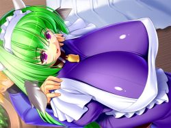 Rule 34 | 1boy, 1girl, :d, animal ears, apron, bed, bell, blonde hair, blue dress, breasts, collar, covered erect nipples, cow ears, cow horns, cowbell, dress, dutch angle, faceless, faceless male, frills, from above, game cg, gigantic breasts, glasses, green hair, gunner-l, hands on another&#039;s shoulders, horns, impossible clothes, impossible dress, indoors, liza (saikyou goshujin-sama!), long hair, long sleeves, maid, maid apron, maid headdress, neck bell, open mouth, plant, potted plant, puffy sleeves, purple eyes, rimless eyewear, saikyou goshujin-sama!, sherry (saikyou goshujin-sama!), short hair, sitting, smile, solo focus, taut clothes, turtleneck, very long hair, wooden floor