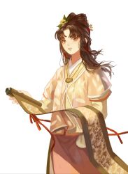 Rule 34 | 1girl, absurdres, braid, chinese clothes, cowboy shot, fcpaizi, floating hair, flower, hair bun, hair flower, hair ornament, hair tubes, half updo, hanging scroll, highres, holding, holding scroll, jewelry, layered sleeves, long hair, long sleeves, looking at viewer, necklace, jiangnan baijingtu, parted bangs, parted lips, pendant, pink flower, red skirt, robe, scroll, short over long sleeves, short sleeves, side braid, sidelocks, skirt, solo, twin braids, wen zhengming, white background, wu yu, yellow flower
