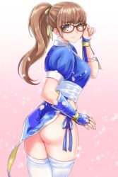 Rule 34 | 1girl, adjusting eyewear, arm guards, ass, blue dress, breasts, brown eyes, brown hair, cherry blossoms, choker, closed mouth, commentary request, dead or alive, dead or alive 6, dress, glasses, hair ribbon, high ponytail, hiroyama (hpzg5374), japanese clothes, kasumi (doa), long hair, looking at viewer, medium breasts, ninja, pelvic curtain, petals, pink background, ponytail, red-framed eyewear, ribbon, sash, short sleeves, smile, solo, standing, thighhighs, thighs, white thighhighs, yellow ribbon