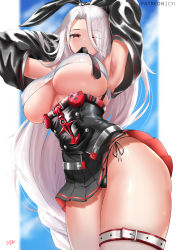 Rule 34 | animal ears, armpits, arms up, azur lane, black panties, breasts, clothes lift, corset, crop top, cyicheng, headband, jacket, large breasts, leotard, navel, necktie, panties, parted bangs, playboy bunny, prinz heinrich (azur lane), rabbit ears, side-tie panties, skirt, skirt lift, solo, string panties, sweat, thick thighs, thigh strap, thighs, thong, underboob, underwear, undressing, white hair