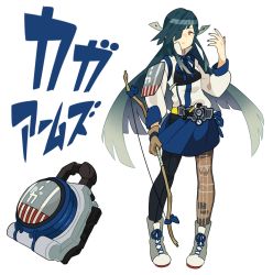 Rule 34 | 1girl, adapted costume, alternate costume, asymmetrical legwear, bad id, bad twitter id, blue skirt, bow, cosplay, emu (eomou), expressionless, front-seamed legwear, hair over one eye, hayashimo (kancolle), kaga (kancolle), kaga (kancolle) (cosplay), kamen rider, kamen rider gaim (series), kantai collection, lock seed, long hair, looking at viewer, mismatched legwear, muneate, parody, rider belt, seamed legwear, shoes, simple background, skirt, sneakers, solo, very long hair, white background