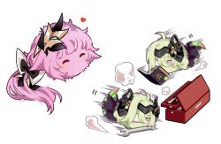 Rule 34 | 2girls, absurdres, blush, book, closed eyes, commission, commissioner upload, elysia (honkai impact), expressionless, eyepatch, furball, green hair, hair ornament, heart, highres, holding, holding book, holding wrench, honkai (series), honkai impact 3rd, klein (honkai impact), long hair, motion blur, motion lines, multiple girls, multiple views, no mouth, non-web source, pink hair, simple background, smile, tail, toolbox, white background, wrench, yuutama2804