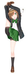 Rule 34 | 1girl, :o, ahoge, arms up, bike shorts, black jacket, black shirt, black socks, blazer, blush, bow, bowtie, brown footwear, brown hair, collared shirt, commentary request, dress shirt, eyebrows hidden by hair, green bow, green bowtie, green eyes, green skirt, hair over one eye, hairband, haru (kuzuyu), highres, jacket, kneehighs, komori kuzuyu, leg up, loafers, long sleeves, looking at viewer, open clothes, open jacket, open mouth, original, pleated skirt, ribbed legwear, shirt, shoes, short sleeves, shorts, shorts under skirt, simple background, skirt, socks, solo, split, standing, standing on one leg, standing split, translation request, white background, white hairband, white shirt