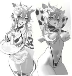 Rule 34 | 1girl, animal ears, animal print, apron, between breasts, bikini, blush, bottle, grabbing another&#039;s breast, breast rest, breasts, breasts squeezed together, carried breast rest, carrying, cleavage, cow ears, cow girl, cow print, flower, g-string, genshin impact, grabbing, greyscale, hair between eyes, hair flower, hair ornament, highres, horns, lactation, lactation through clothes, large breasts, looking at viewer, lumine (genshin impact), milk, milk bottle, monochrome, navel, nipples, pottsness, saliva, short hair, sweatdrop, swimsuit, thighhighs, thong, underboob
