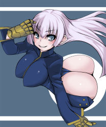 Rule 34 | 1girl, ass, bokuso, breasts, from above, gloves, grey eyes, grin, hanging breasts, huge ass, huge breasts, long hair, m.u.g.e.n, panties, shiny clothes, shiny skin, silver hair, smile, snk, sula, sula crystal, the king of fighters, thong, underwear