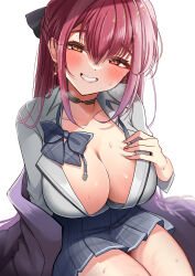 Rule 34 | 1girl, absurdres, black bow, black bowtie, black choker, black skirt, blush, bow, bowtie, breasts, choker, cleavage, clenched teeth, heterochromia, highres, hinoki kahun0, hololive, houshou marine, large breasts, plaid, plaid skirt, red eyes, red hair, school uniform, simple background, sitting, skirt, smile, solo, teeth, thighs, virtual youtuber, white background, yellow eyes