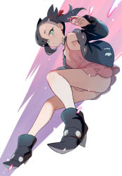 Rule 34 | 1girl, ankle boots, aqua eyes, ass, asymmetrical bangs, bare legs, bare shoulders, black choker, black footwear, black hair, black jacket, blush, boots, breasts, choker, cleavage, closed mouth, commentary request, creatures (company), dress, earrings, female focus, from below, full body, game freak, green eyes, hair ribbon, high heel boots, high heels, holding, holding poke ball, jacket, jewelry, long sleeves, looking at viewer, looking down, marnie (pokemon), nintendo, no panties, off shoulder, open clothes, open jacket, pink dress, poke ball, poke ball (basic), pokemon, pokemon swsh, red ribbon, ribbon, short dress, short hair, short twintails, sleeveless, sleeveless dress, small breasts, solo, ter (otokoter), twintails