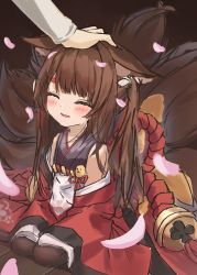 Rule 34 | 1girl, ^ ^, absurdres, amagi-chan (azur lane), animal ears, azur lane, blunt bangs, blush, brown tail, closed eyes, fox ears, fox girl, fox tail, hand on another&#039;s head, headpat, highres, kitsune, kyuubi, long hair, long sleeves, multiple tails, out of frame, pla0658, sitting, smile, tail, wooden floor