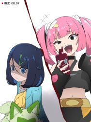 Rule 34 | +++, 2girls, belt, belt buckle, black hair, blunt bangs, buckle, closed mouth, commentary request, creatures (company), eyelashes, frown, game freak, gen 4 pokemon, glaring, green jacket, hair ornament, hairclip, highres, holding, holding phone, jacket, liko (pokemon), multiple girls, navel, nintendo, off-shoulder shirt, off shoulder, open mouth, phone, pink hair, plume pardge, pokemon, pokemon (anime), pokemon horizons, recording, rotom, rotom phone, coral (pokemon), shirt, skirt, sprigatito, teeth, tongue, twintails, white shirt, yellow bag, yellow belt