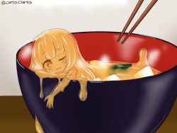 Rule 34 | 1girl, bowl, chopsticks, colored skin, curss, female focus, food, head tilt, highres, in food, long hair, mini person, minigirl, miso soup, monster girl, one-hour drawing challenge, one eye closed, open mouth, orange skin, original, slime girl, smile, solo, soup, tofu, twitter username
