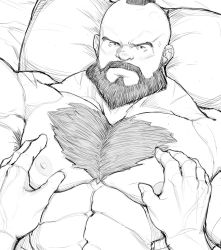 Rule 34 | 2boys, abs, armpit hair, bara, beard, brown hair, chest hair, completely nude, facial hair, greyscale, highres, large pectorals, looking at viewer, lying, male focus, mature male, mohawk, monochrome, multiple boys, muscular, muscular male, mustache, nipples, nude, on back, on bed, pectoral focus, pectorals, pov, ryker, short hair, sketch, smile, solo focus, stomach, street fighter, sweatdrop, upper body, yaoi, zangief