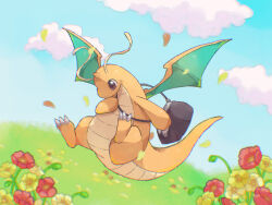 Rule 34 | antennae, blue sky, claws, cloud, cloudy sky, creatures (company), day, dragon, dragon tail, dragon wings, dragonite, falling petals, field, flower, flower field, flying, full body, game freak, gen 1 pokemon, grass, highres, nintendo, no humans, petals, pokemon, pokemon (creature), simple background, sky, solo, tail, towa (clonea), wings