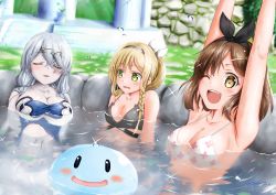 Rule 34 | 3girls, atelier (series), atelier ryza, atelier ryza 1, bare shoulders, bikini, black bikini, blue one-piece swimsuit, blush, braid, breast envy, breasts, brown eyes, cleavage, closed eyes, commentary request, day, green eyes, hair ornament, hair ribbon, hairclip, happy, highres, in water, klaudia valentz, large breasts, lila decyrus, looking at viewer, medium breasts, multiple girls, one-piece swimsuit, one eye closed, outdoors, reisalin stout, ribbon, smile, swimsuit, teeth, upper teeth only, water, white bikini, white ribbon, yukinoshiro