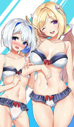 Rule 34 | 2girls, aki rosenthal, amane kanata, bikini, blonde hair, blush, breasts, collarbone, commentary request, detached hair, hair between eyes, highres, holding another&#039;s arm, hololive, long hair, looking at viewer, low twintails, medium breasts, multiple girls, navel, one eye closed, open mouth, purple eyes, sasakuma kyouta, short hair, silver hair, small breasts, smile, swimsuit, twintails, virtual youtuber, white bikini