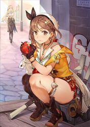Rule 34 | 2girls, apple, atelier (series), atelier ryza, atelier ryza 2, blonde hair, boots, braid, breasts, brown eyes, brown footwear, brown gloves, brown hair, brown legwear, cleavage, eating, food, fruit, gloves, hat, holding, holding food, holding fruit, jewelry, key, key necklace, klaudia valentz, long hair, looking at viewer, multiple girls, necklace, official art, reisalin stout, short hair, squatting, thick thighs, thighhighs, thighs, toridamono, walking, white headwear