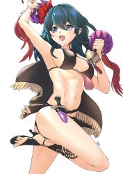 Rule 34 | 1girl, arm up, armpits, bikini, black bikini, blue eyes, blue hair, breasts, byleth (female) (fire emblem), byleth (female) (summer) (fire emblem), byleth (fire emblem), dagger, deekei, fire emblem, fire emblem: three houses, fire emblem heroes, highres, holding, knife, nintendo, official alternate costume, open mouth, sheath, sheathed, simple background, solo, swimsuit, weapon, white background