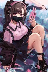 Rule 34 | 1girl, absurdres, black bow, black footwear, black hair, black jacket, black mask, black nails, black skirt, blush, bow, breasts, cellphone, cityscape, collared shirt, commentary, cyberpunk, day, english commentary, fishnet socks, fishnets, frilled shirt collar, frills, hair bow, hand up, headphones, highres, holding, holding phone, jacket, jacket partially removed, knees up, large breasts, long hair, long sleeves, looking at viewer, mask, mouth mask, nail polish, original, outdoors, phone, pink headphones, pink shirt, pleated skirt, red eyes, shinjou yabou, shirt, sitting, skirt, smartphone, socks, solo, swept bangs, two side up