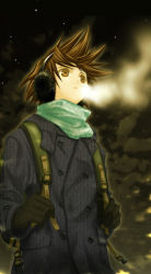 Rule 34 | androgynous, breath, brown background, brown eyes, brown hair, earmuffs, gender request, lowres, scarf, solo, takumi namuchi, winter