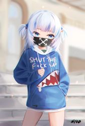 Rule 34 | blue eyes, blue hair, blue hoodie, blunt bangs, censored, censored text, chromatic aberration, clothes writing, english text, gachigachi, gawr gura, gawr gura (1st costume), highres, hololive, hololive english, hood, hoodie, mask, medium hair, mouth mask, multicolored hair, profanity, shark print, silver hair, sleeves past wrists, solo, streaked hair, thighs, two side up, virtual youtuber, wide sleeves