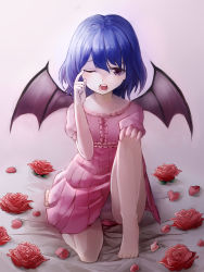 Rule 34 | 1girl, alternate eye color, barefoot, bat wings, blue hair, dress, flower, full body, gradient background, hand on own face, highres, looking at viewer, nightgown, no headwear, on bed, on one knee, one eye closed, open mouth, panties, pantyshot, petals, pink dress, puffy sleeves, purple eyes, remilia scarlet, rose, short hair, short sleeves, simple background, sitting, slit pupils, solo, tauta (meshia8787), touhou, underwear, upskirt, wings