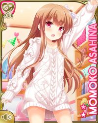 Rule 34 | 1girl, aran sweater, arm up, asahina momoko, brown hair, bunting, cable knit, card (medium), character name, girlfriend (kari), long hair, no pants, official art, open mouth, qp:flapper, red eyes, ribbon, side ponytail, sleeves past wrists, solo, sweater