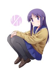 Rule 34 | 1girl, black pantyhose, blue sailor collar, blue skirt, brown cardigan, brown footwear, cardigan, closed mouth, commentary request, dated, full body, hinata yukari, invisible chair, katatsuka kouji, long sleeves, looking at viewer, neckerchief, own hands together, pantyhose, purple eyes, purple hair, sailor collar, school uniform, school uniform (yuyushiki), serafuku, shoes, sitting, skirt, smile, solo, white background, yellow neckerchief, yuyushiki