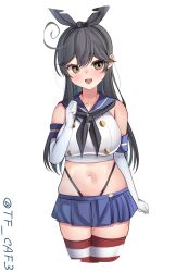 Rule 34 | 1girl, ahoge, black hair, black hairband, black neckerchief, black panties, blue skirt, blush, breasts, brown eyes, cosplay, crop top, elbow gloves, gloves, hairband, highleg, highleg panties, highres, kantai collection, large breasts, long hair, looking at viewer, microskirt, navel, neckerchief, open mouth, panties, school uniform, serafuku, shimakaze (kancolle), shimakaze (kancolle) (cosplay), skirt, smile, solo, striped clothes, striped thighhighs, tf cafe, thighhighs, twitter username, underwear, ushio (kancolle), white background, white gloves