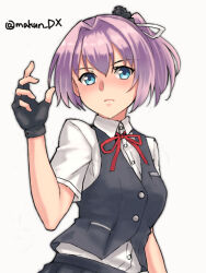 Rule 34 | 1girl, black gloves, black skirt, black vest, blue eyes, collared shirt, dress shirt, fingerless gloves, gloves, hair intakes, highres, kantai collection, maakun (makun dx), neck ribbon, one-hour drawing challenge, ponytail, purple hair, red ribbon, ribbon, school uniform, shiranui (kancolle), shiranui kai ni (kancolle), shirt, short hair, simple background, skirt, solo, twitter username, upper body, vest, white background, white shirt