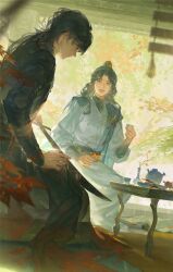Rule 34 | 2boys, black eyes, black hair, chinese clothes, chunriqingqaq, coffee table, cup, day, facing viewer, from side, high ponytail, highres, holding, holding cup, holding leaf, holding sword, holding weapon, layered clothes, leaf, lips, long hair, looking at another, looking down, mandarin collar, maple leaf, multiple boys, nose, original, parted bangs, parted lips, scenery, sitting, smile, sword, table, talking, vase, wavy hair, weapon