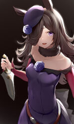 Rule 34 | 1girl, absurdres, animal ears, bare shoulders, belt, blue flower, blue rose, breasts, brown belt, brown hair, commentary request, dagger, dogxfish, dress, empty eyes, flower, fur-trimmed collar, fur trim, hair over one eye, highres, holding, holding dagger, holding knife, holding weapon, horse ears, horse girl, knife, light particles, long hair, long sleeves, nigerundayo!, off-shoulder dress, off shoulder, open mouth, purple dress, purple eyes, purple headwear, rice shower (umamusume), rose, small breasts, smile, solo, tilted headwear, umamusume, upper body, weapon, yandere