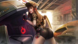 Rule 34 | 1girl, 2016, absurdres, ass, baseball cap, belt, black gloves, black shorts, brown eyes, brown hair, camouflage, casual, charm (object), cowboy shot, d.va (overwatch), dated, unworn eyewear, facepaint, facial mark, fingerless gloves, fintowing, from behind, glasses, gloves, grin, gun, handgun, hat, headphones, highres, holding, holding removed eyewear, indoors, korean flag, lipstick, long hair, looking at viewer, looking back, makeup, mecha, meka (overwatch), overwatch, overwatch 1, red lips, robot, sheath, sheathed, shirt, short shorts, shorts, signature, smile, solo, swept bangs, thighs, weapon, whisker markings, woodland camouflage