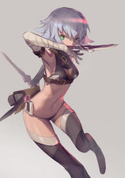 Rule 34 | 1girl, absurdres, armpits, bandages, black footwear, black panties, boots, breasts, cleavage, cleavage cutout, clothing cutout, crop top, dual wielding, fate/apocrypha, fate (series), green eyes, grey background, grey hair, highres, holding, holding knife, holding weapon, jack the ripper (fate/apocrypha), katahira (hiyama), knife, looking at viewer, medium breasts, panties, short hair, sideboob, simple background, solo, thigh boots, thighhighs, underwear, weapon