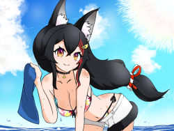 Rule 34 | 1girl, animal ear fluff, animal ears, bent over, bikini, bikini top only, bikini under clothes, blush, breasts, cleavage, cloud, collar, collarbone, holding cloth, hololive, kani bonara, light blush, long hair, looking at viewer, low-tied long hair, medium breasts, nose blush, ocean, ookami mio, ookami mio (hololive summer 2019), short shorts, shorts, sky, solo, summer, sun, swimsuit, tail, tail wrap, virtual youtuber, wet, white shorts, wolf ears, wolf girl