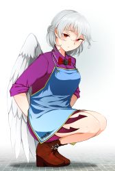 Rule 34 | 1girl, absurdres, apron, blue apron, boots, bow, bowtie, commentary request, dress, highres, kaisenpurin, kishin sagume, purple dress, red bow, red bowtie, red eyes, short hair, single wing, solo, squatting, touhou, white hair, white wings, wings