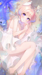 Rule 34 | 1girl, absurdres, air bubble, bare legs, bare shoulders, barefoot, blue hair, bow-shaped hair, breasts, bubble, cleavage, colored tips, commentary request, curled up, dress, fish, foot out of frame, genshin impact, hands up, highres, horns, long hair, looking at viewer, medium breasts, multicolored hair, open mouth, pink hair, pistachiocream, purple eyes, sangonomiya kokomi, signature, sleeveless, sleeveless dress, solo, spaghetti strap, underwater, white dress, white horns