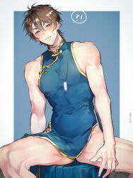 Rule 34 | !?, 1boy, aqua dress, bare arms, bare legs, bare shoulders, blue dress, blush, brown eyes, brown hair, china dress, chinese clothes, covered navel, crossdressing, dress, eiden (nu carnival), gem, gluteal fold, hair between eyes, highres, jewelry, leaning to the side, looking at viewer, male focus, messy hair, necklace, nose blush, nu carnival, owner bird, pelvic curtain, pendant, short hair, sitting, sleeveless, sleeveless dress, speech bubble, spread legs, sweatdrop