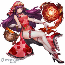 Rule 34 | bracelet, canking, cauldron, china dress, chinese clothes, chronos gate, dress, earrings, fireball, gloves, high heels, jewelry, lips, long hair, looking at viewer, magic, purple eyes, purple hair, side slit, simple background, smile, thighhighs, white background, wide hips
