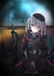 Rule 34 | 1girl, absurdres, beret, black gloves, black hat, black pantyhose, blue eyes, blurry, boots, breasts, cellphone, closed mouth, crossed ankles, dated, eyes visible through hair, flip phone, girls&#039; frontline, gloves, grey hair, hat, head tilt, heterochromia, highres, hugging own legs, indoors, long hair, looking at phone, luis, mdr (girls&#039; frontline), mdr (gun), medium breasts, multicolored hair, one side up, pantyhose, phone, pink eyes, pink hair, side ponytail, sidelocks, signature, sitting, smile, solo, streaked hair, thigh strap, wrist straps