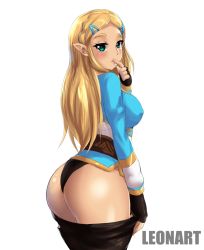 Rule 34 | 1girl, artist name, ass, blonde hair, blush, breasts, clothes pull, cowboy shot, finger to mouth, fingerless gloves, gloves, green eyes, highres, huge ass, large breasts, leonart, long hair, looking at viewer, nintendo, panties, pants, pants pull, parted bangs, pointy ears, princess zelda, simple background, solo, tagme, the legend of zelda, the legend of zelda: breath of the wild, underwear, white background