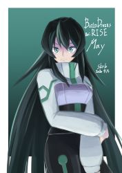 Rule 34 | 1girl, black hair, breasts, character name, commission, copyright name, dated, green background, green eyes, gundam, gundam build divers, gundam build divers re:rise, highres, long hair, looking at viewer, may (gundam build divers re:rise), medium breasts, shrug (clothing), skeb commission, solo, very long hair, yosumi (4cornermmd)