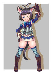 Rule 34 | 1girl, animal ears, arm up, armor, armpits, black hair, blue eyes, boots, cat ears, detached sleeves, dress, elin, gloves, hand on own head, hand on own hip, highres, knee boots, kumehara chiyota, short dress, short hair, smile, solo, sparkling eyes, striped clothes, striped thighhighs, tail, tera online, thighhighs, zettai ryouiki