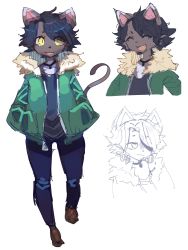 Rule 34 | 1girl, animal ears, baburusushi, black hair, cat ears, cat tail, choker, closed eyes, female focus, furry, furry female, hands in pockets, highres, jacket, open mouth, original, short hair, solo, standing, tail, yellow eyes