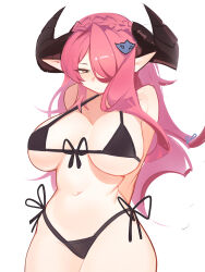 Rule 34 | 1girl, alternate costume, bare arms, bare shoulders, bikini, black bikini, breasts, closed mouth, commentary, cowboy shot, distr, english commentary, front-tie bikini top, front-tie top, granblue fantasy, hair ornament, hair over one eye, highres, horns, large breasts, long hair, narmaya (granblue fantasy), navel, one eye covered, pink eyes, pink hair, pointy ears, side-tie bikini bottom, sidelocks, simple background, solo, stomach, swimsuit, white background