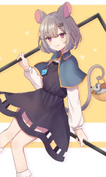 Rule 34 | 1girl, :3, animal ears, basket, black dress, blue capelet, bobby socks, breasts, capelet, closed mouth, clothing cutout, dowsing rod, dress, feet out of frame, gold trim, grey hair, highres, holding, holding dowsing rod, holding with tail, jewelry, light blush, long sleeves, looking at viewer, mouse (animal), mouse ears, mouse hair ornament, mouse tail, nazrin, nokoki (motioko5), orange background, pendant, prehensile tail, puffy sleeves, purple eyes, short hair, simple background, small breasts, socks, solo, tail, touhou, white background, white socks